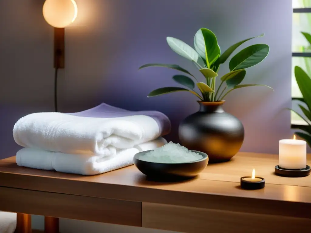 Espacio de spa sereno con aromaterapia para mejorar respiración: luz suave, planta verde, mesa de masaje y difusor moderno