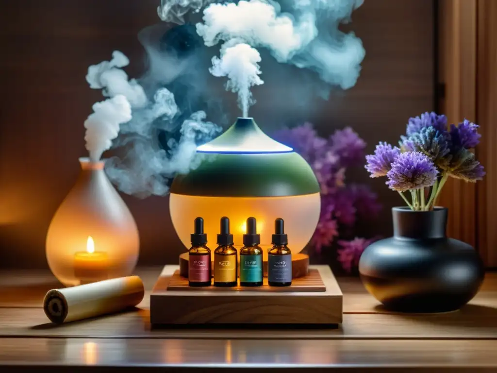 Un espacio de spa tranquilo con iluminación tenue, un difusor de aromaterapia emitiendo un suave vapor colorido y aceites esenciales