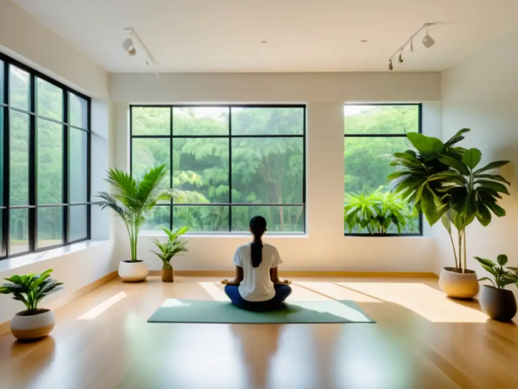 Espacio de terapia moderno y sereno con luz natural, tonos suaves y plantas