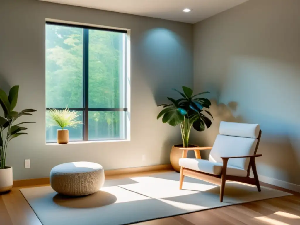 Espacio de terapia sereno y moderno con muebles minimalistas y luz natural, ideal para ejercicios de respiración para pánico