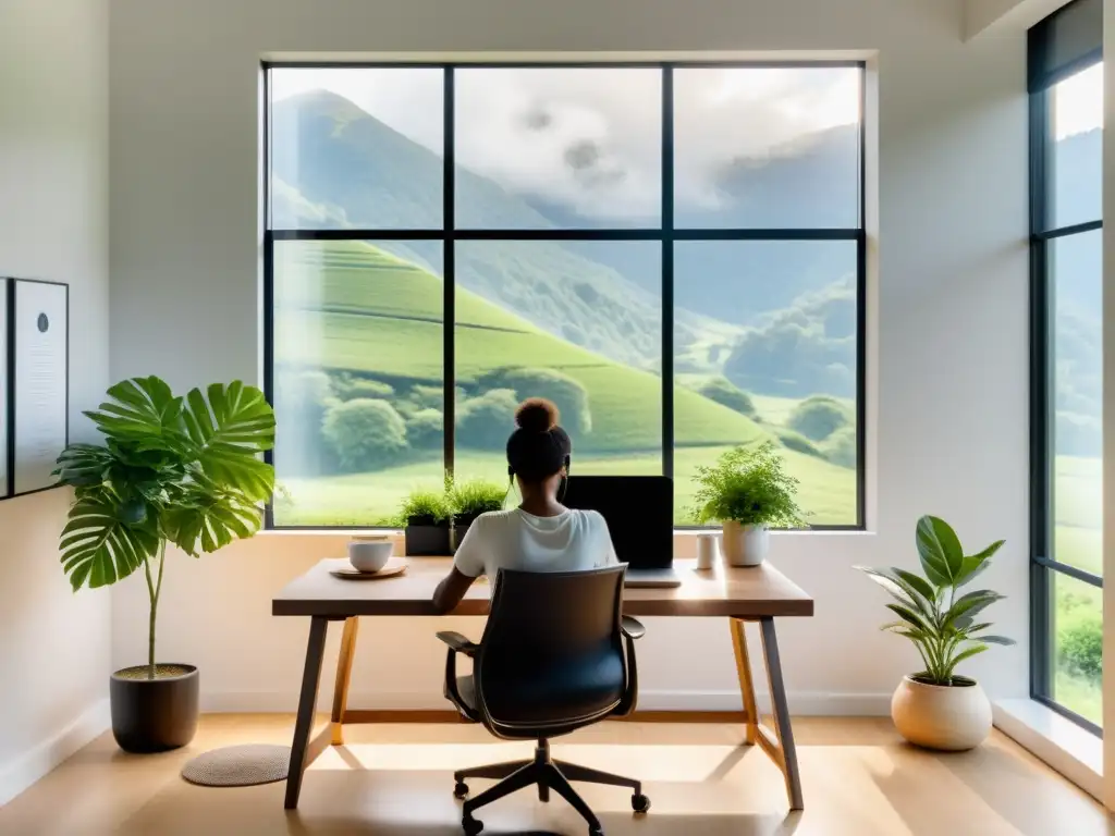 Un espacio de trabajo sereno y minimalista con ventana panorámica que muestra un paisaje verde