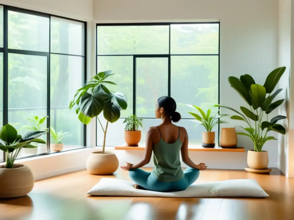 Espacio tranquilo con luz natural, persona meditando en postura calmada