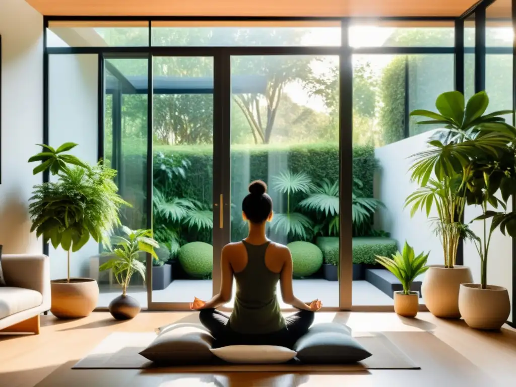 Espacio de meditación tranquilo y moderno con vista a un jardín, iluminado por luz natural