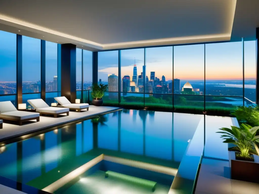 Espacio urbano sereno con spa moderno, piscina tranquila y vistas a la ciudad
