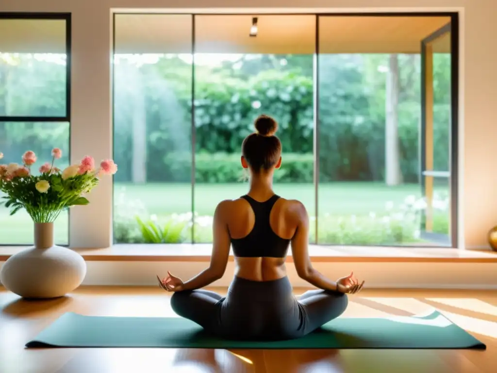 Espacio de vida moderno y sereno con práctica de yoga