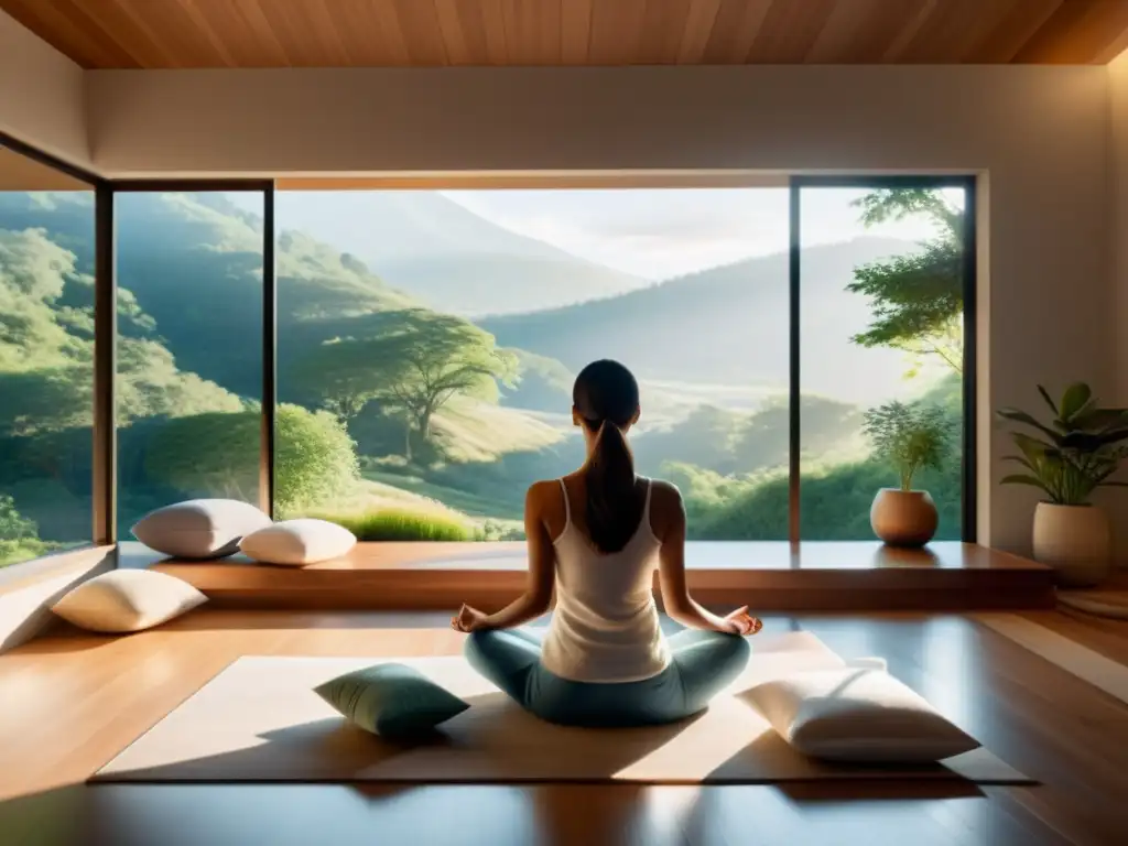 Espacio de vida moderno y sereno con almohadón de meditación, apoyo salud mental y respiración consciente, rodeado de naturaleza tranquila