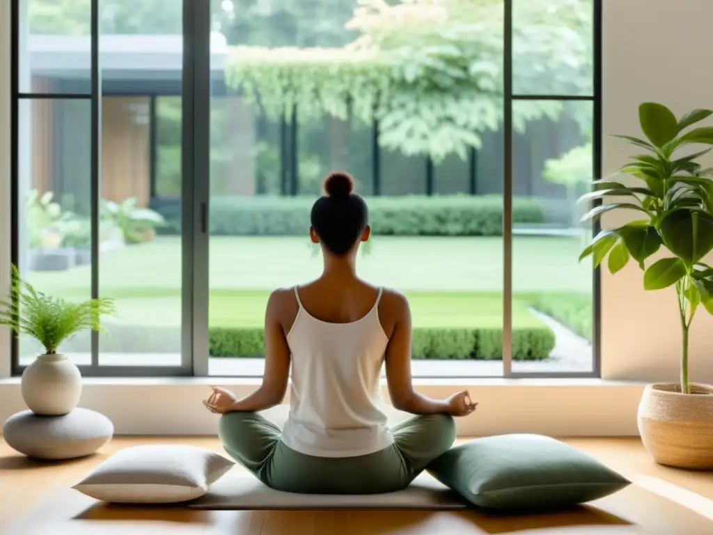 Un espacio de vida sereno y moderno con luz natural, decoración minimalista y una persona meditando