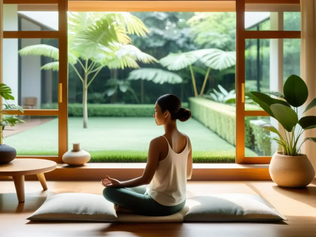 Espacio de vida sereno y moderno con meditación relajante