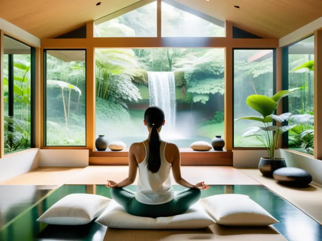 Espacio de meditación con vistas a un bosque, luz natural y cascada