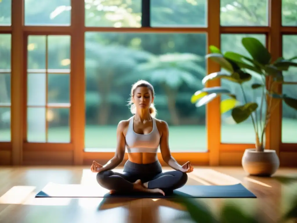 Espacio de yoga iluminado por el sol con vista a un jardín tranquilo