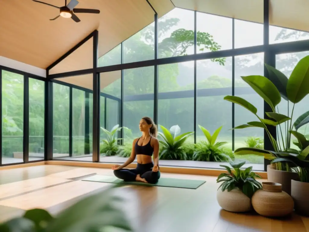 Espacio de yoga moderno y sereno con luz natural y plantas