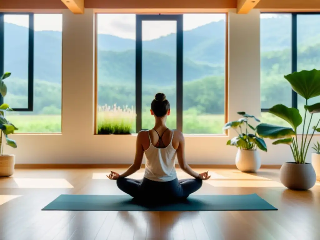 Espacio de yoga moderno y sereno con vista a la naturaleza, luz natural y persona en meditación