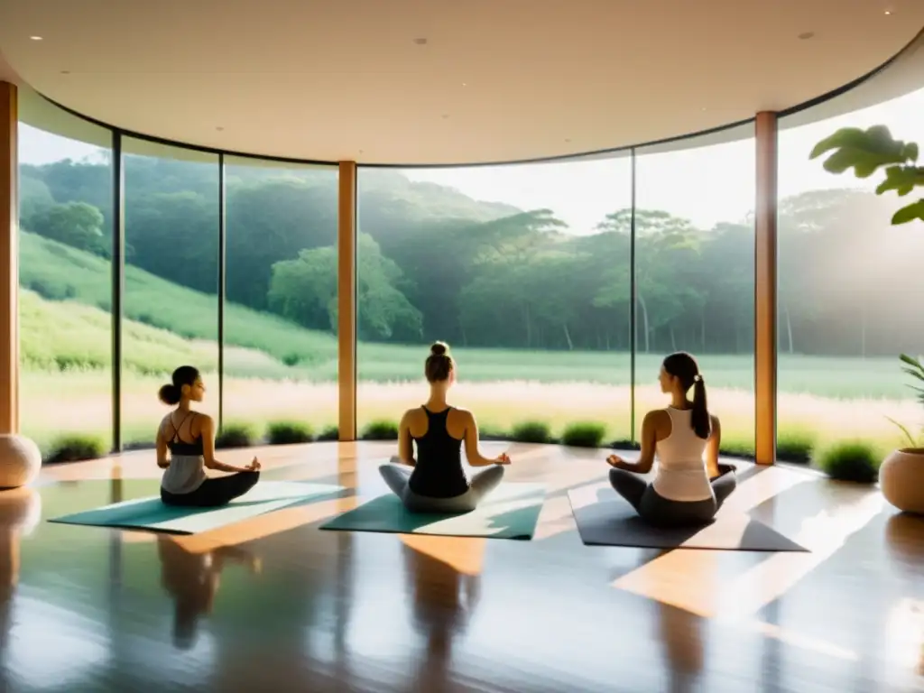 Espacio de yoga moderno con vista a la naturaleza