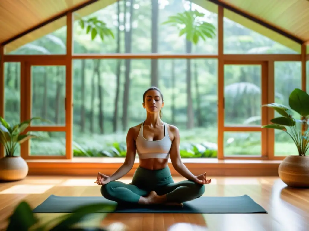 Espacio de yoga sereno con beneficios pranayama yoga respiración, luz natural, plantas y paz en la naturaleza