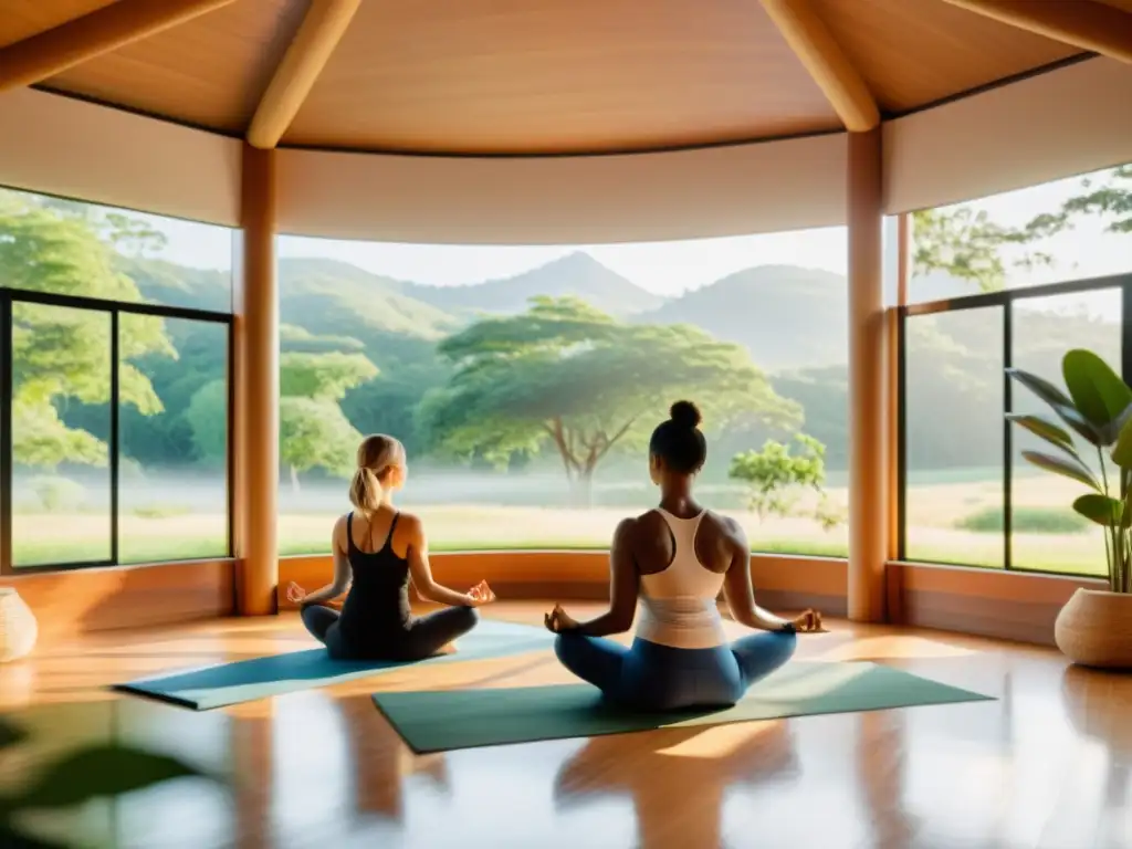 Estudio de yoga sereno con práctica de respiración consciente Un espacio de yoga soleado y sereno con ventanas grandes que dan a un paisaje exuberante