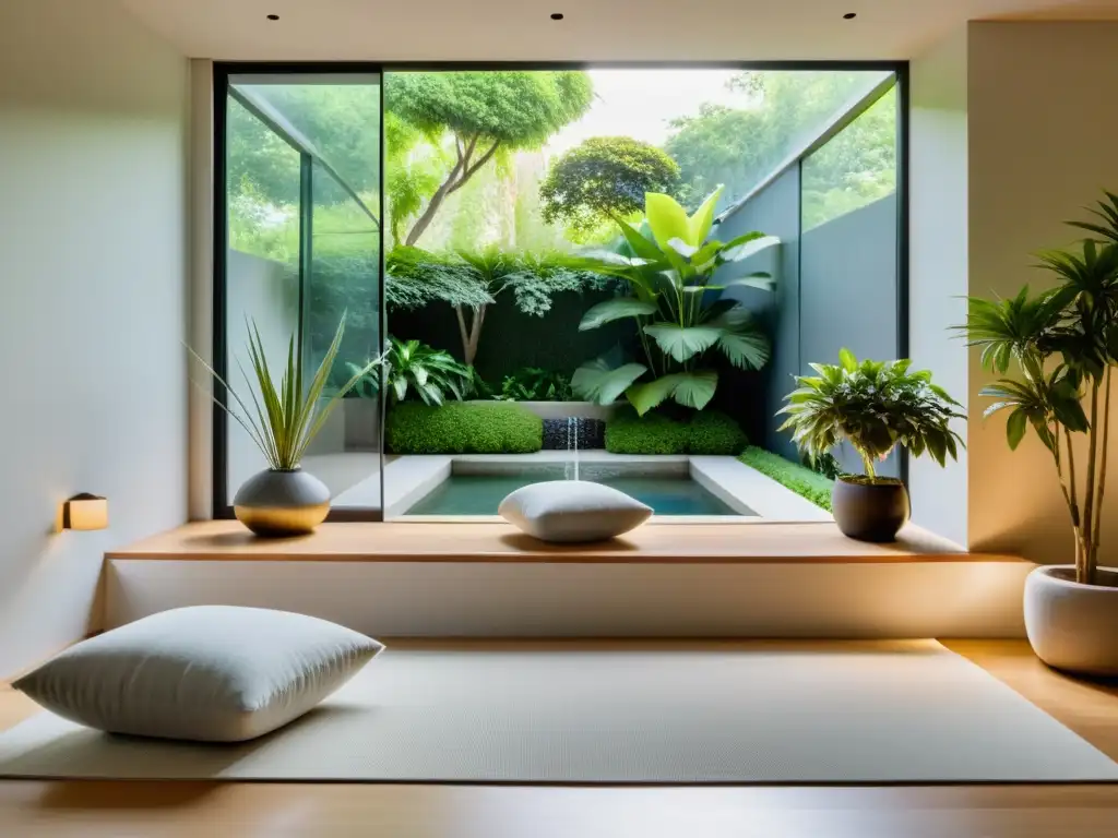 Espacio zen con vista a jardín, cojines de meditación y fuente