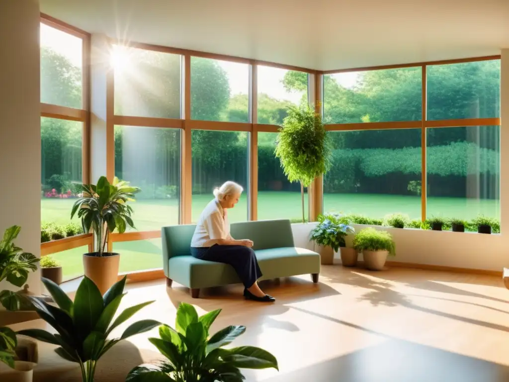 Espaciosa habitación soleada con cuidador asistiendo en métodos respiratorios para ancianos, creando un ambiente sereno y saludable