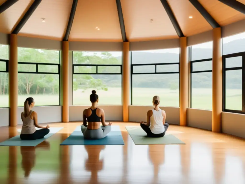 Espacioso estudio de yoga con principios fisiológicos pranayama respiración, rodeado de naturaleza y luz natural