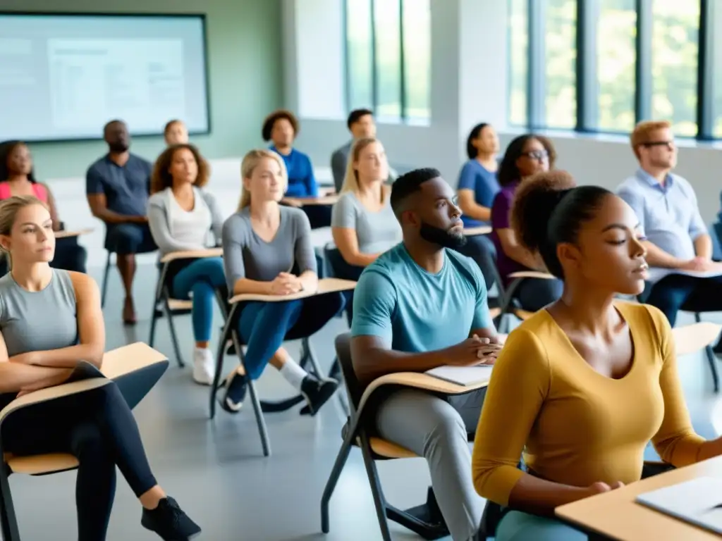 Espacioso salón de clases moderno con luz natural, estudiantes practicando técnicas de respiración