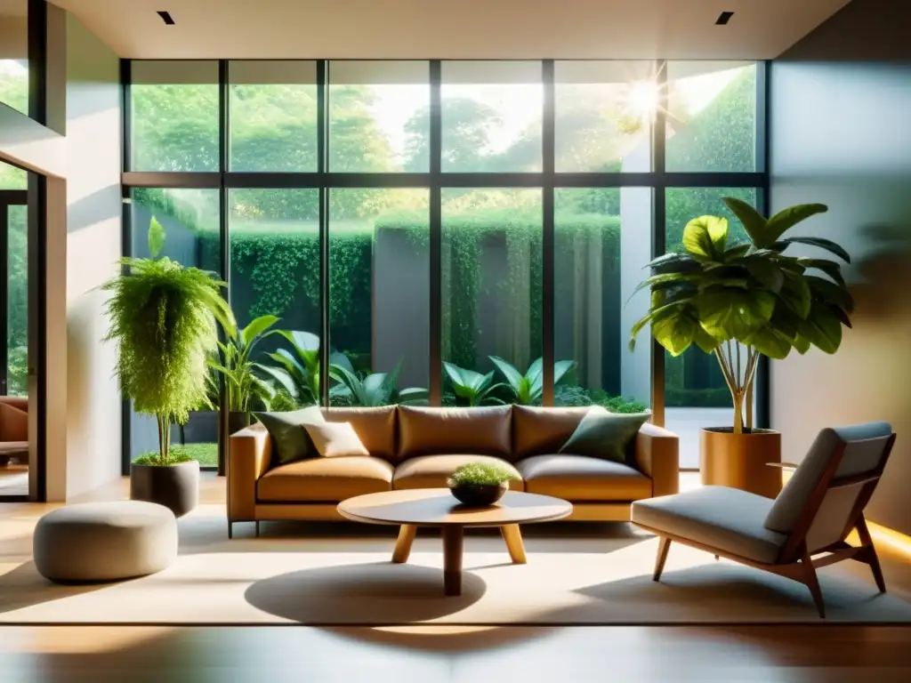 Espacioso salón moderno con jardín interior exuberante, iluminado por la luz del sol