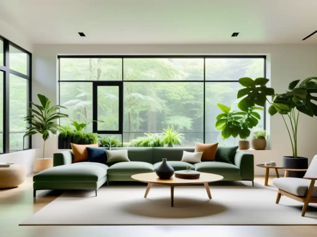 Espacioso salón moderno con plantas verdes y muebles minimalistas que mejoran la calidad del aire respiras