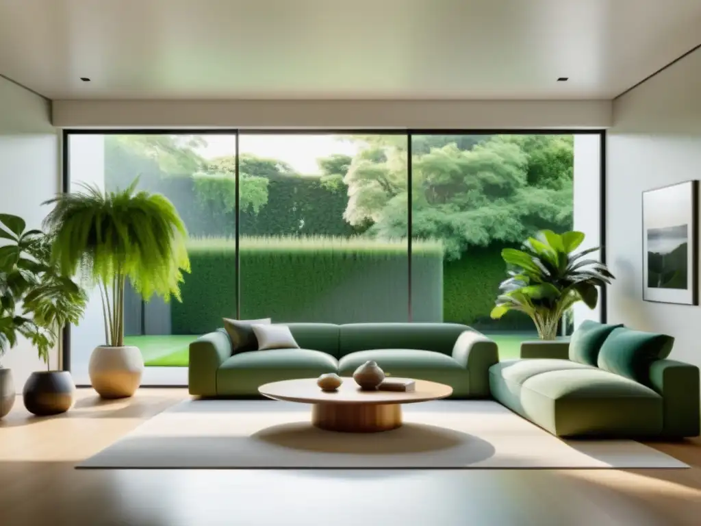 Espacioso salón moderno con plantas purificadoras de aire, mobiliario minimalista y luz natural, para mejorar la calidad del aire que respiras