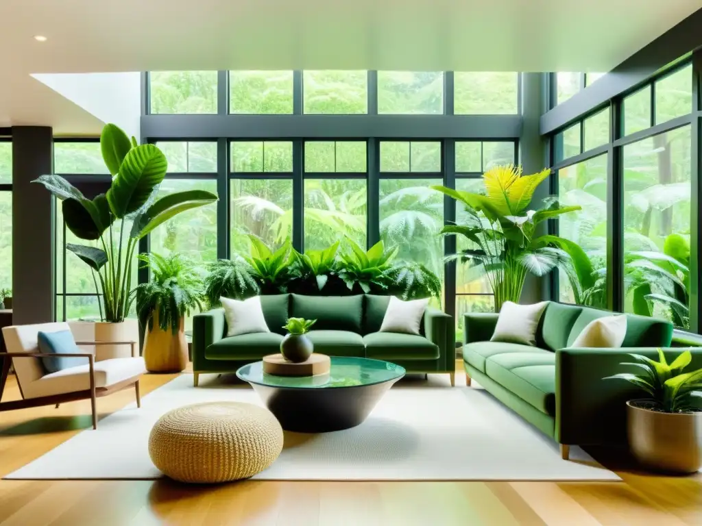 Espacioso salón moderno con plantas para mejorar calidad del aire en ambiente fresco y sereno