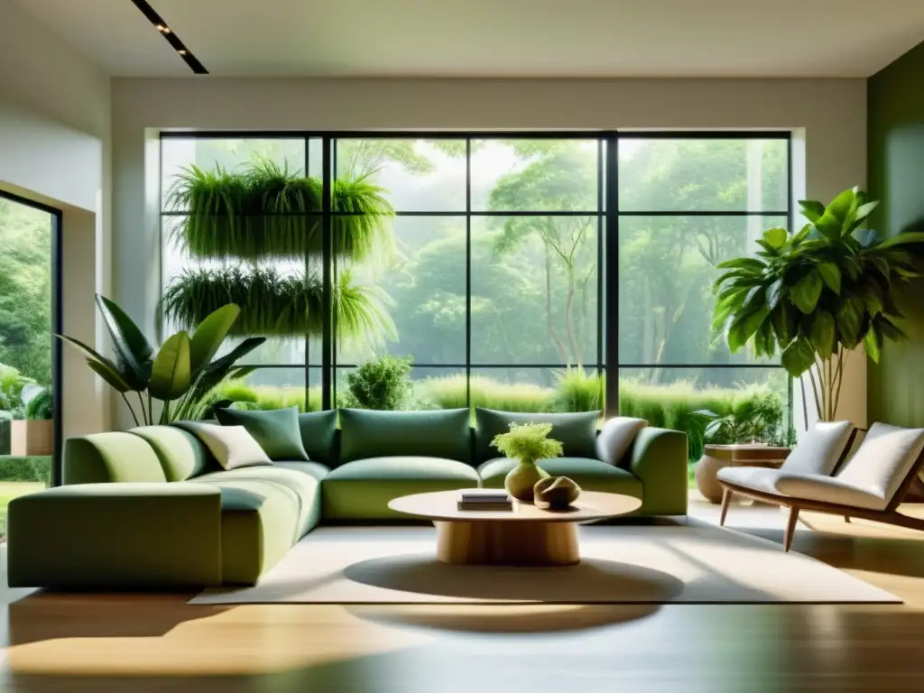 Espacioso salón moderno con plantas verdes, muebles elegantes y ventanas grandes para una atmósfera saludable y relajante