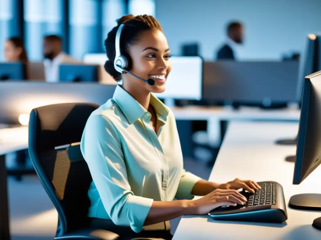 Una estación de trabajo ergonómica en un call center, con un ambiente moderno y saludable para los trabajadores