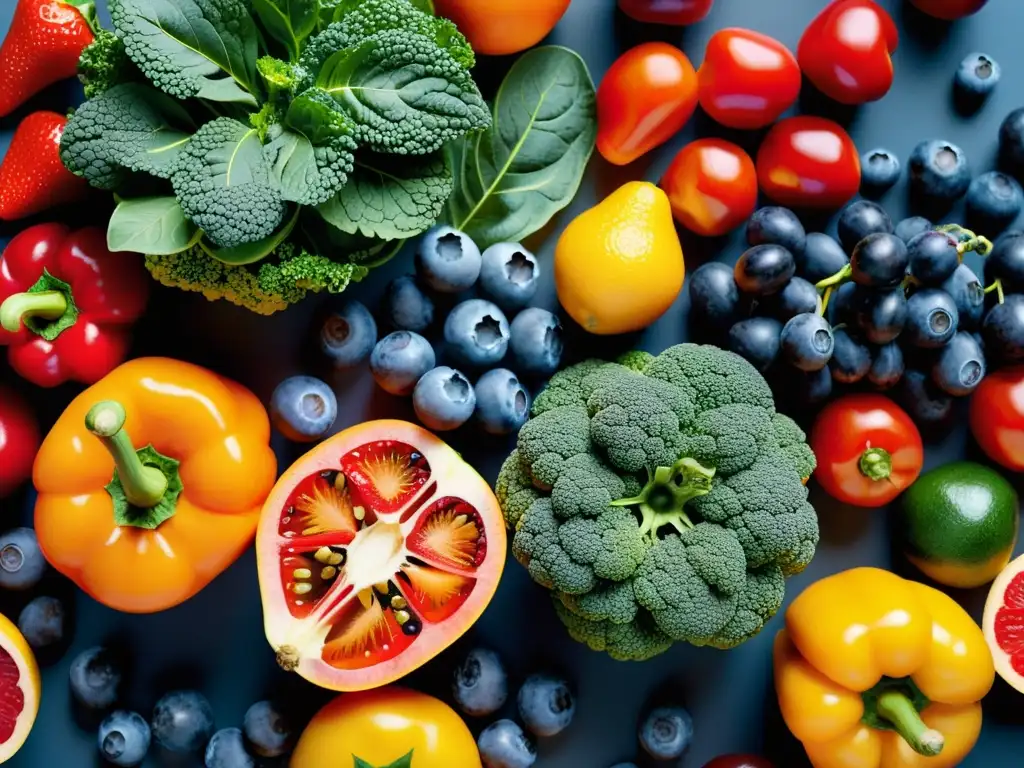 Un estallido de colores y frescura en frutas y verduras, resaltando los flavonoides para respiración