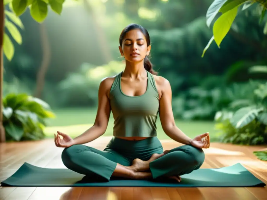 Practicando Bhramari Pranayama para aliviar estrés en un entorno de paz y naturaleza