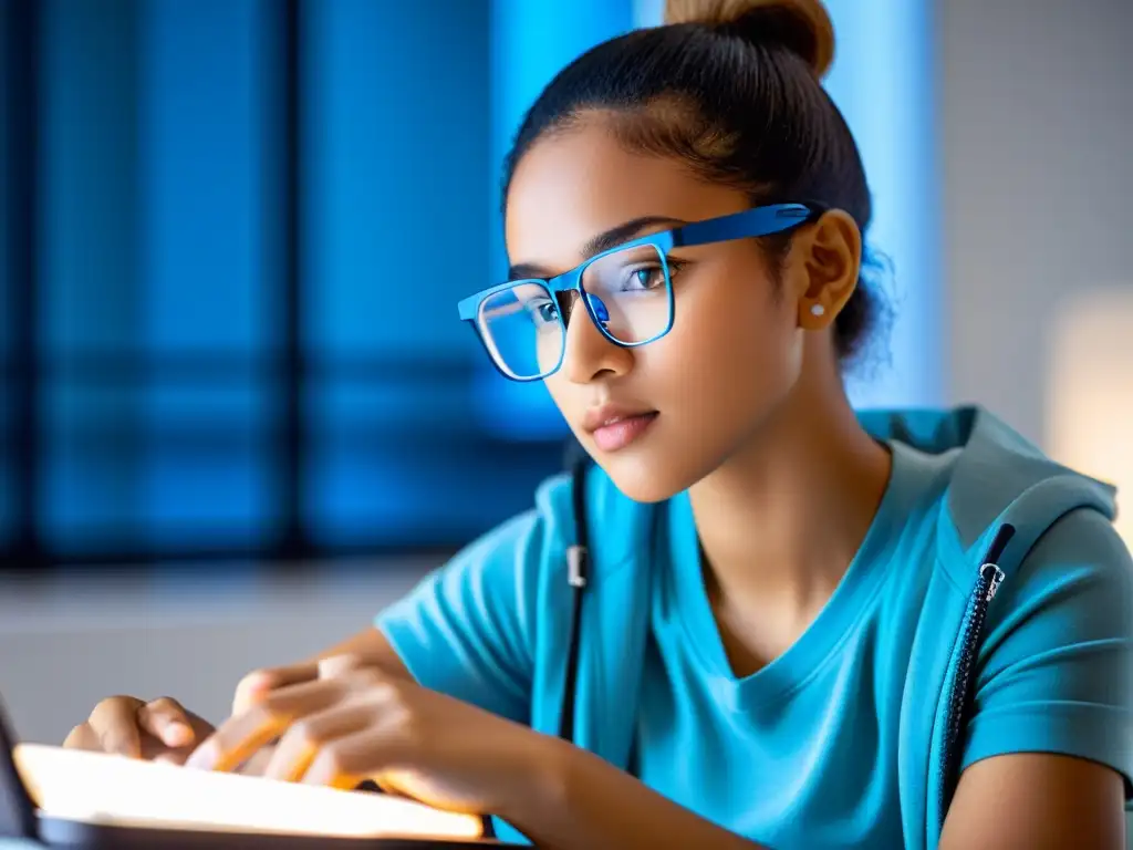 Estudiante usa gafas bloqueadoras de luz azul para mejorar salud ocular mientras estudia en dispositivo digital en un espacio calmado y productivo