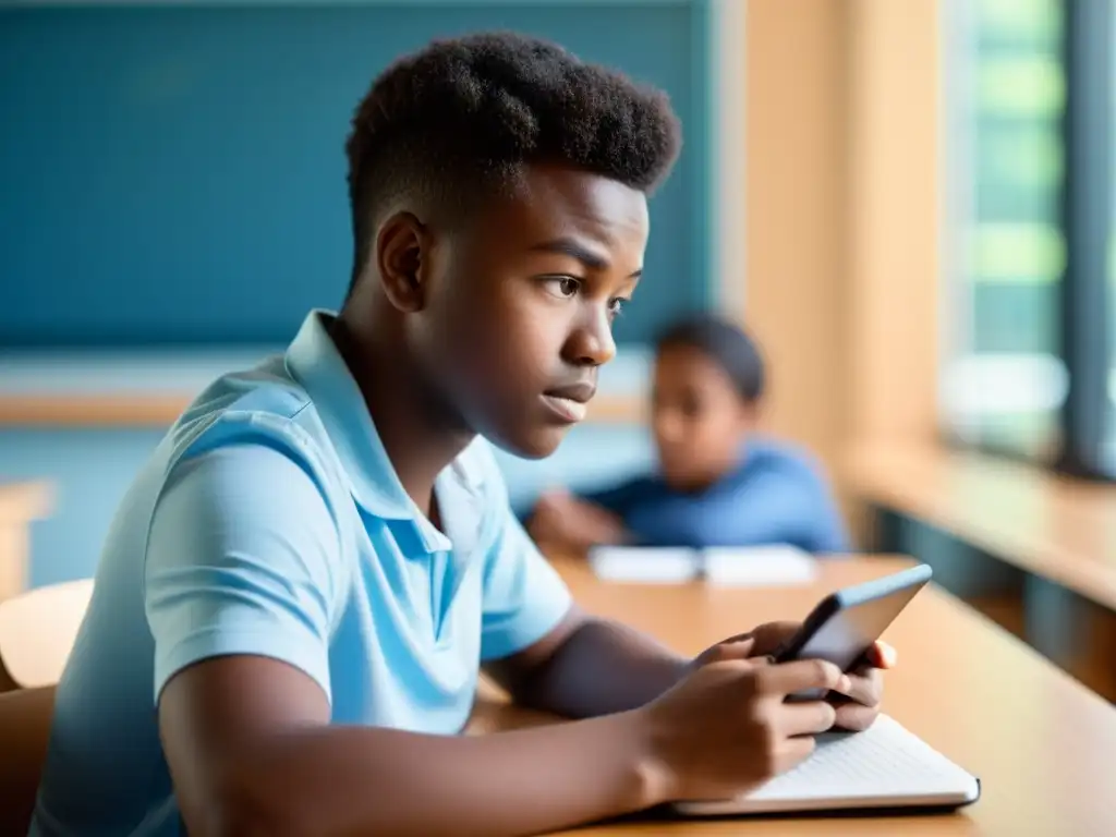 Un estudiante se esfuerza por leer en pantalla en un aula luminosa