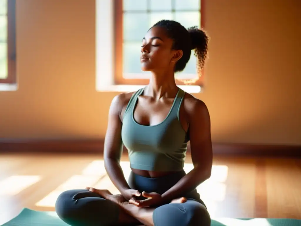 Estudiante tranquilo practicando técnicas de respiración en estudio de yoga soleado, transmitiendo progreso en seguimiento cursos respiración