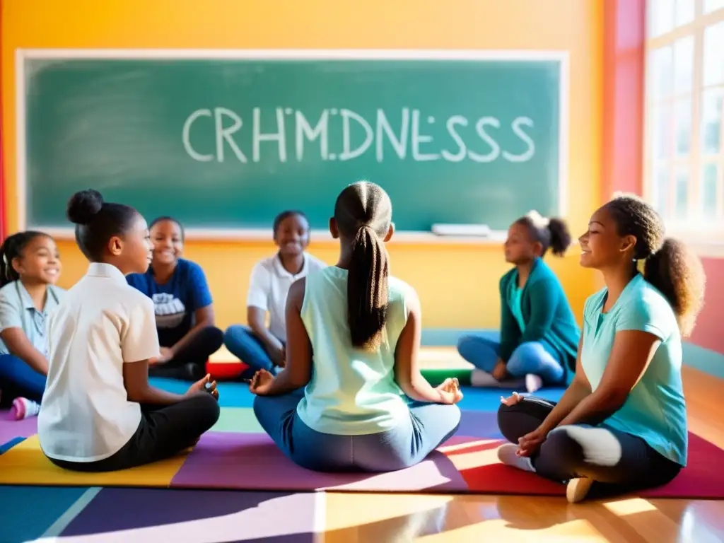 Estudiantes diversos practican mindfulness en un aula colorida, guiados por su maestra