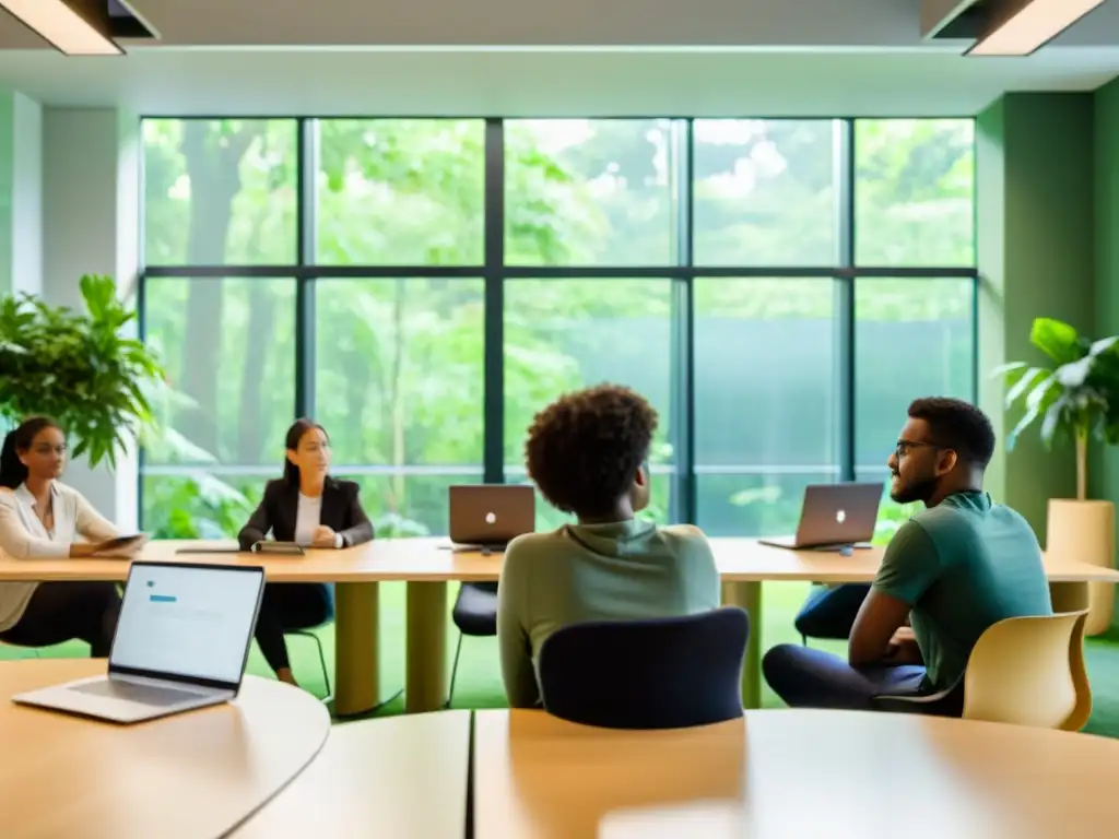 Estudiantes concentrados participando en foros online en un aula moderna, con luz natural y vista a la naturaleza, respirando con calma y enfoque