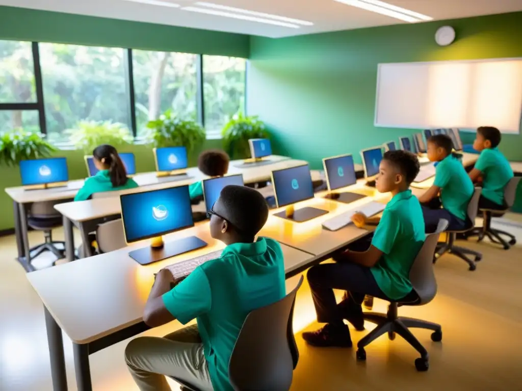 Estudiantes digitales practicando técnicas para mejorar salud ocular en aula serena y saludable