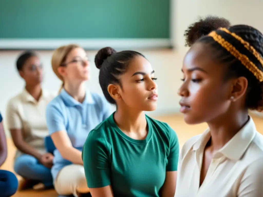 Estudiantes de diferentes edades practican la respiración consciente en un aula moderna y tranquila