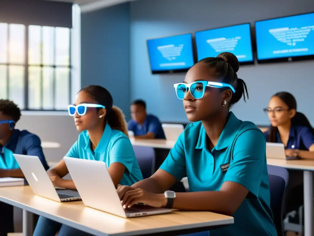 Estudiantes con gafas bloqueadoras de luz azul estudian en aula moderna, promoviendo salud ocular digital