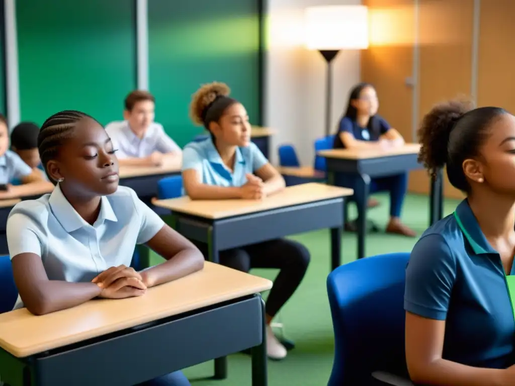 Estudiantes participan en pausas activas de respiración en un aula virtual, disfrutando los beneficios de la relajación en el entorno de elearning