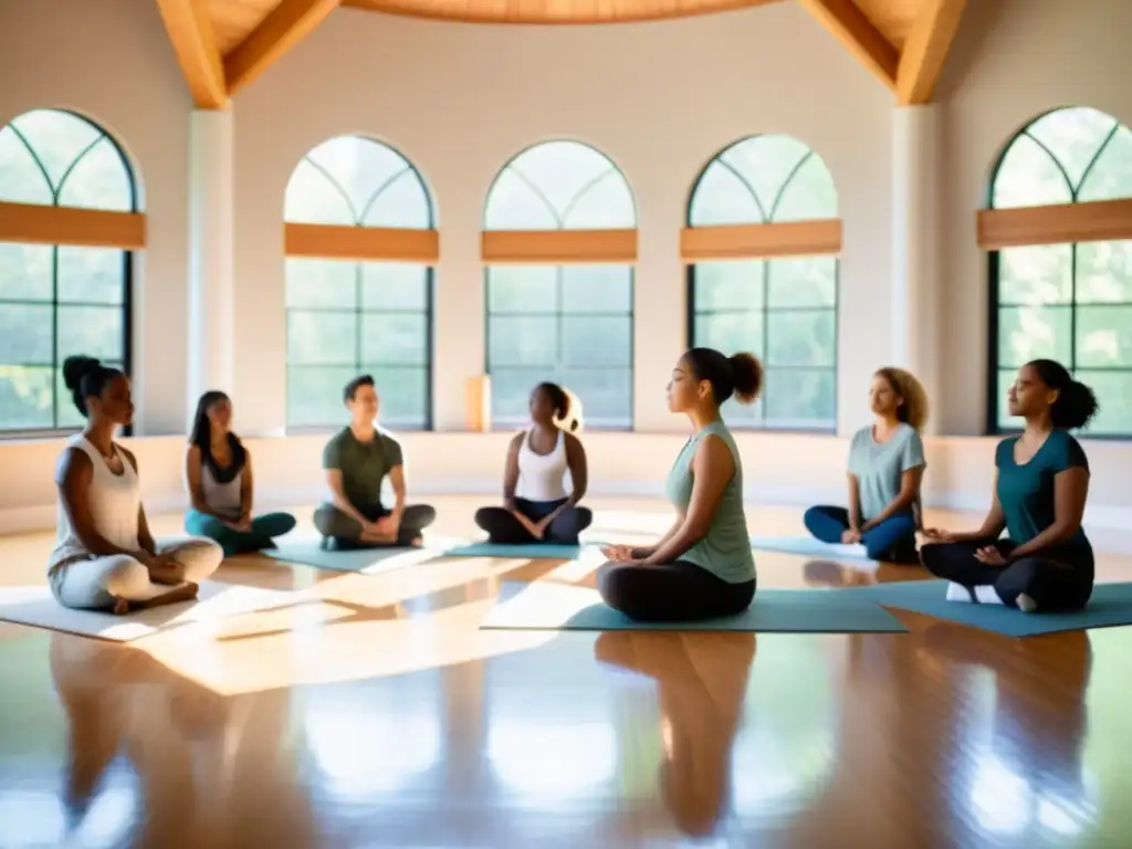 Diversos estudiantes practican prácticas ancestrales de respiración holística en un aula moderna y serena, iluminada por luz natural