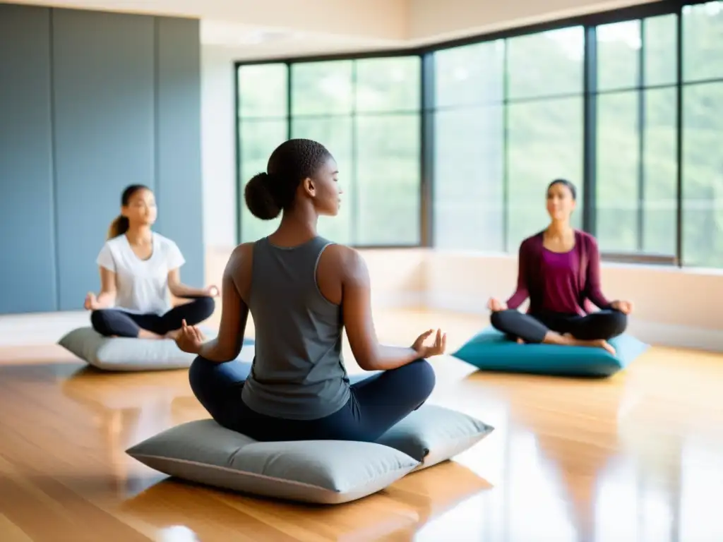 Estudiantes relajados practican mindfulness en aula luminosa, destacando los beneficios de la respiración consciente