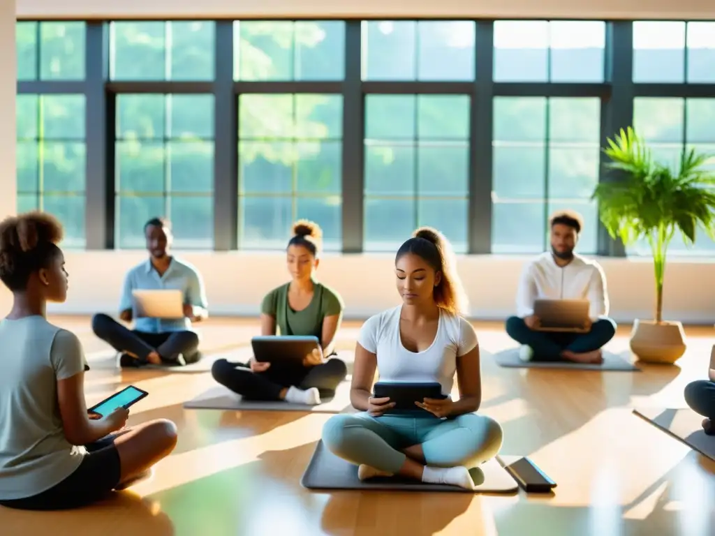 Estudiantes practican respiración consciente en MOOCs, rodeados de tecnología y serenidad, en un aula iluminada por luz natural