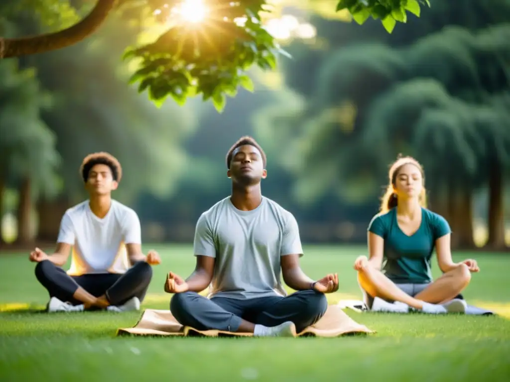 Estudiantes de secundaria practican mindfulness en un campo, transmitiendo calma y enfoque