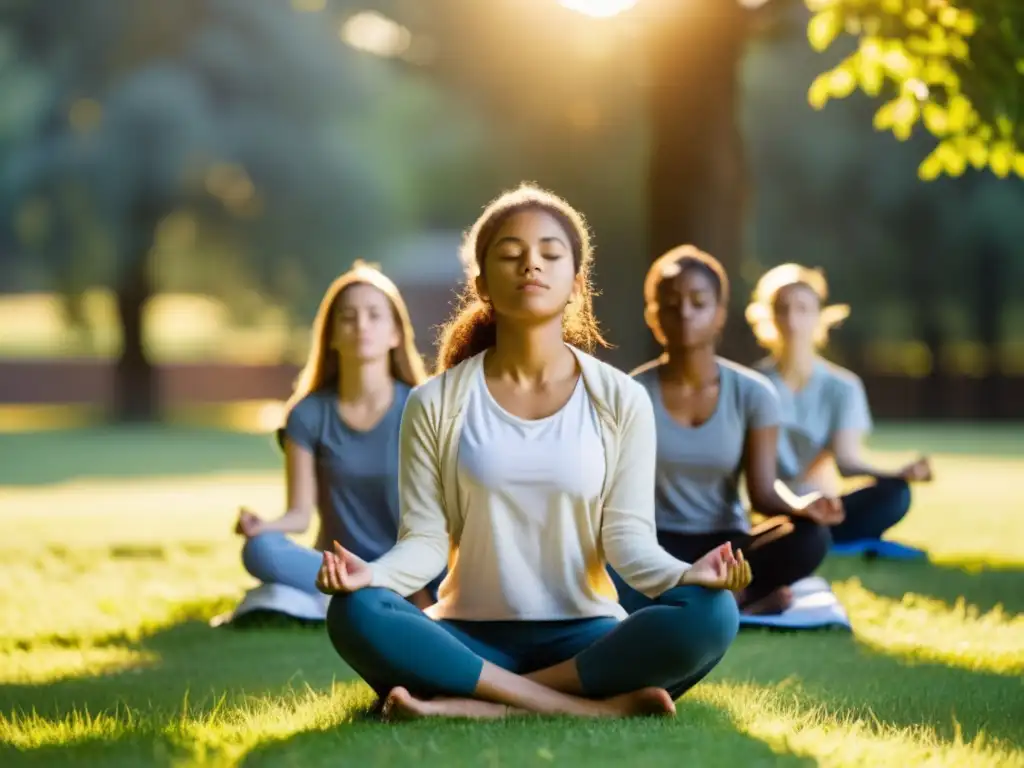 Estudiantes de secundaria practican respiración consciente en campo soleado, mejorando su enfoque y tranquilidad mental