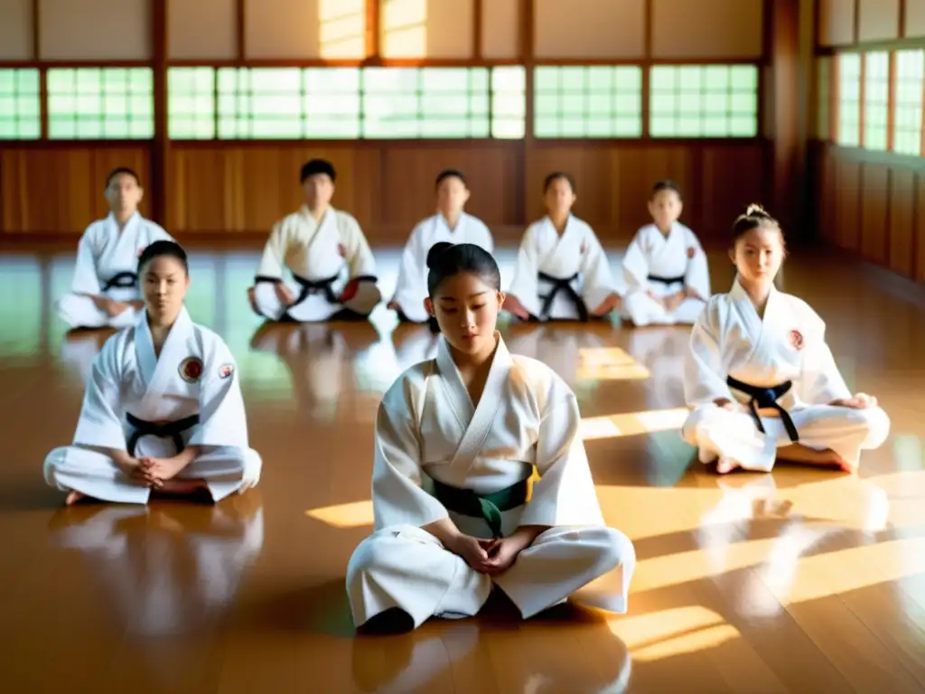 Estudiantes practican técnicas de respiración en artes marciales en un dojo sereno y soleado, con movimientos fluidos y concentración intensa