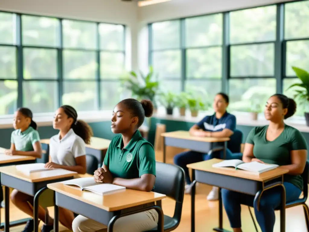 Estudiantes practican mindfulness y técnicas de respiración en un aula moderna y serena, con luz natural y plantas verdes