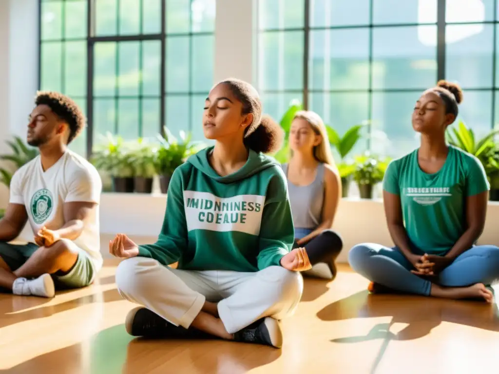 Estudiantes practican técnicas de respiración consciente en aula luminosa y tranquila con plantas y carteles inspiradores sobre autocuidado y mindfulness