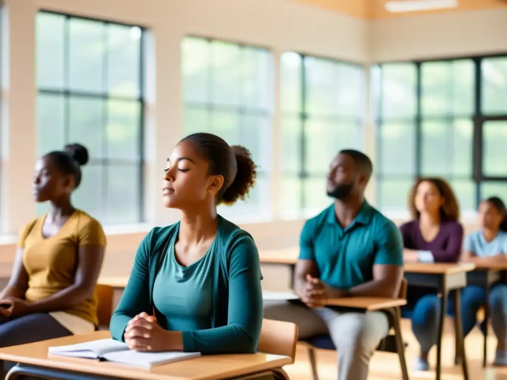 Estudiantes practican técnicas de respiración para memoria en un aula moderna y serena con luz natural