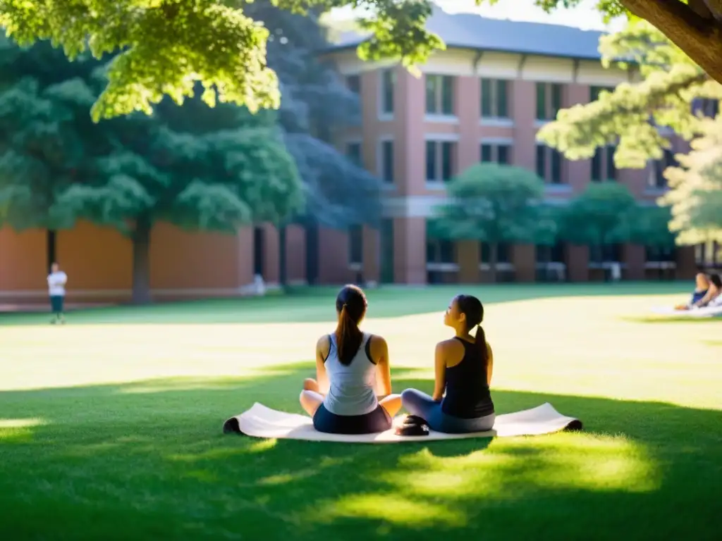 Estudiantes universitarios practicando respiración diafragmática en un campus con atmósfera de paz y serenidad, disfrutando de sus beneficios